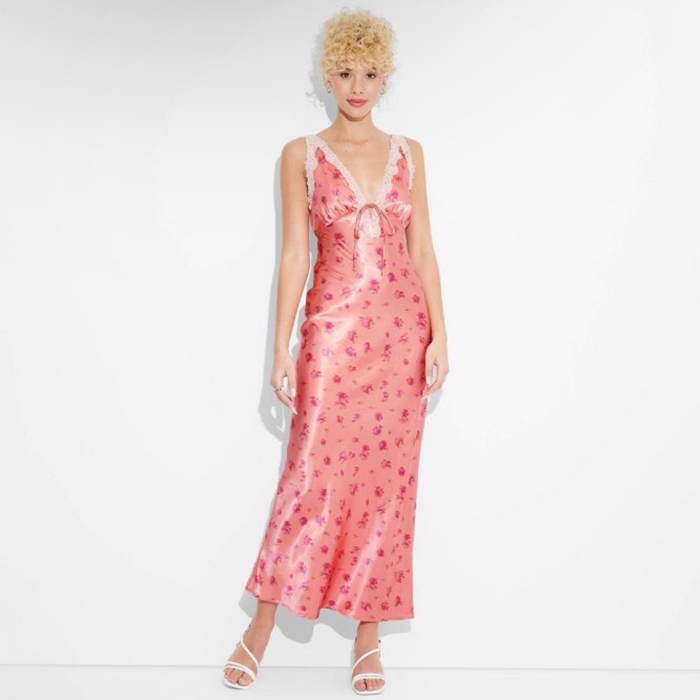 NWT Wild Fable Salmon Pink Satin Lace Trim Midi Slip Dress, Size M
